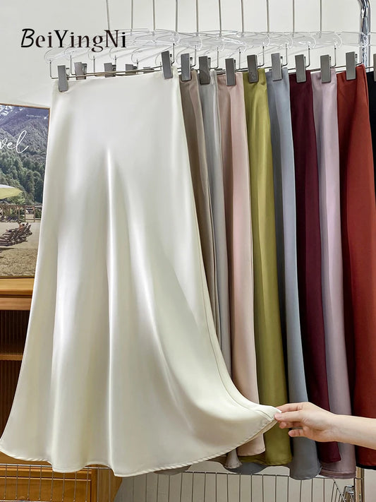 Beiyingni Elegant Satin High Waist Skirts for Ladies